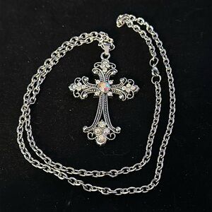 Sparkling Silver Cross Necklace with Aurora Borealis Gemstones